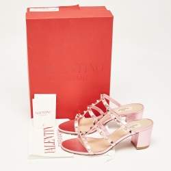 Pre Owned Valentino Metallic Pink Leather Rockstud Slide Sandals Size 38.5