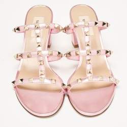 Pre Owned Valentino Metallic Pink Leather Rockstud Slide Sandals Size 38.5