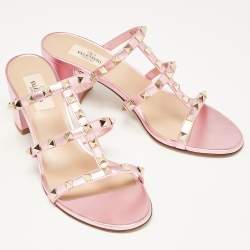 Pre Owned Valentino Metallic Pink Leather Rockstud Slide Sandals Size 38.5