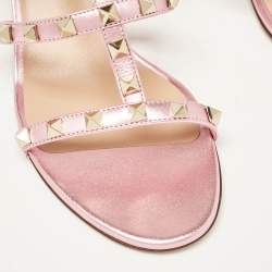Pre Owned Valentino Metallic Pink Leather Rockstud Slide Sandals Size 38.5