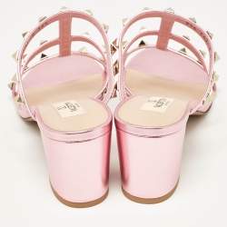 Pre Owned Valentino Metallic Pink Leather Rockstud Slide Sandals Size 38.5