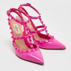 Pre Owned Valentino Fuchsia Patent Leather Rockstud Caged Pumps Size 38