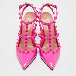 Pre Owned Valentino Fuchsia Patent Leather Rockstud Caged Pumps Size 38