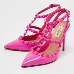 Pre Owned Valentino Fuchsia Patent Leather Rockstud Caged Pumps Size 38