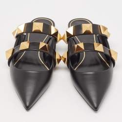 Valentino Black Leather Roman Stud Flat Mules Size 37