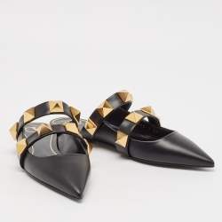 Valentino Black Leather Roman Stud Flat Mules Size 37