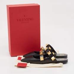 Valentino Black Leather Roman Stud Flat Mules Size 37
