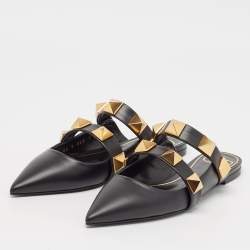 Valentino Black Leather Roman Stud Flat Mules Size 37