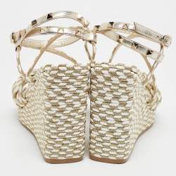 Pre Owned Valentino Light Gold/White Leather and Rope Torchon Rockstud Wedge Sandals Size 37