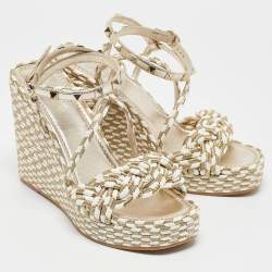 Pre Owned Valentino Light Gold/White Leather and Rope Torchon Rockstud Wedge Sandals Size 37