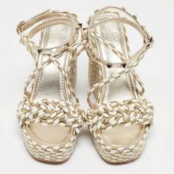 Pre Owned Valentino Light Gold/White Leather and Rope Torchon Rockstud Wedge Sandals Size 37