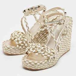 Pre Owned Valentino Light Gold/White Leather and Rope Torchon Rockstud Wedge Sandals Size 37