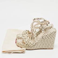 Pre Owned Valentino Light Gold/White Leather and Rope Torchon Rockstud Wedge Sandals Size 37
