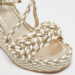 Pre Owned Valentino Light Gold/White Leather and Rope Torchon Rockstud Wedge Sandals Size 37