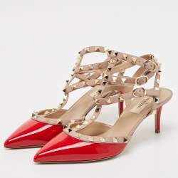 Valentino Red/Dusty Pink Patent and Leather Rockstud Caged Pumps Size 38