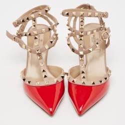 Valentino Red/Dusty Pink Patent and Leather Rockstud Caged Pumps Size 38