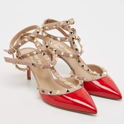 Valentino Red/Dusty Pink Patent and Leather Rockstud Caged Pumps Size 38