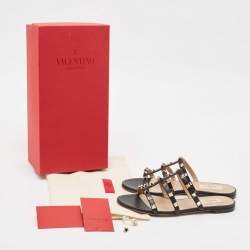 Pre Owned Valentino Black Leather Rockstud Flat Slides Size 37