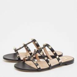 Pre Owned Valentino Black Leather Rockstud Flat Slides Size 37