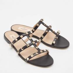 Pre Owned Valentino Black Leather Rockstud Flat Slides Size 37