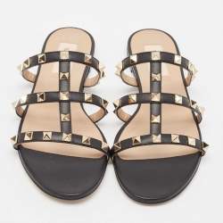Pre Owned Valentino Black Leather Rockstud Flat Slides Size 37