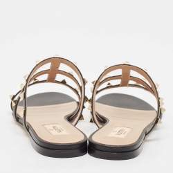 Pre Owned Valentino Black Leather Rockstud Flat Slides Size 37