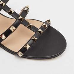 Pre Owned Valentino Black Leather Rockstud Flat Slides Size 37