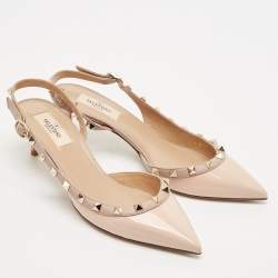 Pre Owned Valentino Beige Patent and Leather Rockstud Slingback Pumps Size 38