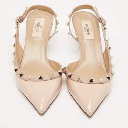 Pre Owned Valentino Beige Patent and Leather Rockstud Slingback Pumps Size 38