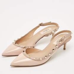Pre Owned Valentino Beige Patent and Leather Rockstud Slingback Pumps Size 38