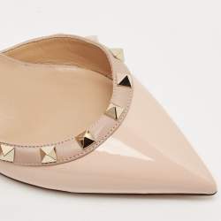 Pre Owned Valentino Beige Patent and Leather Rockstud Slingback Pumps Size 38