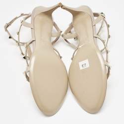 Pre Owned Valentino Beige Leather and Patent Leather Rockstud Ankle Strap Sandals Size 41