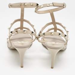 Pre Owned Valentino Beige Leather and Patent Leather Rockstud Ankle Strap Sandals Size 41