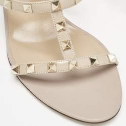 Pre Owned Valentino Beige Leather and Patent Leather Rockstud Ankle Strap Sandals Size 41