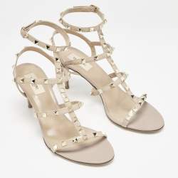 Pre Owned Valentino Beige Leather and Patent Leather Rockstud Ankle Strap Sandals Size 41
