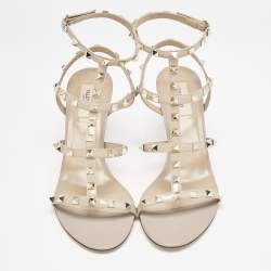Pre Owned Valentino Beige Leather and Patent Leather Rockstud Ankle Strap Sandals Size 41