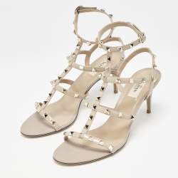 Pre Owned Valentino Beige Leather and Patent Leather Rockstud Ankle Strap Sandals Size 41