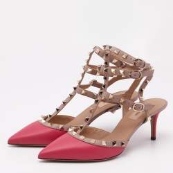 مملوكة مسبقًا Valentino Beige/Pink Leather Rockstud Ankle Strap Pumps Size 39