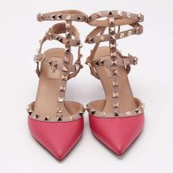 مملوكة مسبقًا Valentino Beige/Pink Leather Rockstud Ankle Strap Pumps Size 39