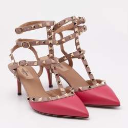 مملوكة مسبقًا Valentino Beige/Pink Leather Rockstud Ankle Strap Pumps Size 39
