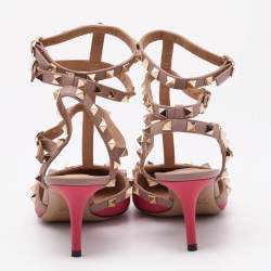 مملوكة مسبقًا Valentino Beige/Pink Leather Rockstud Ankle Strap Pumps Size 39
