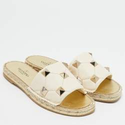 Pre Owned Valentino Ivory/Gold Leather Roman Stud Slide Flats Size 41