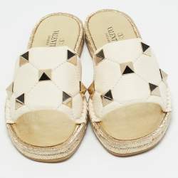 Pre Owned Valentino Ivory/Gold Leather Roman Stud Slide Flats Size 41