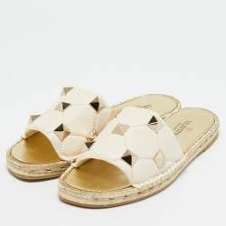 Pre Owned Valentino Ivory/Gold Leather Roman Stud Slide Flats Size 41