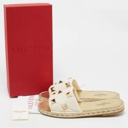 Pre Owned Valentino Ivory/Gold Leather Roman Stud Slide Flats Size 41
