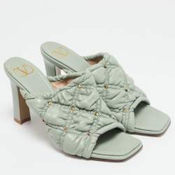 Valentino Mint Green Quilted Leather Rockstud Open Toe Mules Size 39