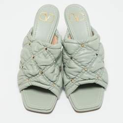 Valentino Mint Green Quilted Leather Rockstud Open Toe Mules Size 39