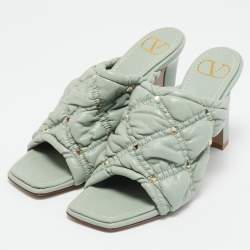 Valentino Mint Green Quilted Leather Rockstud Open Toe Mules Size 39