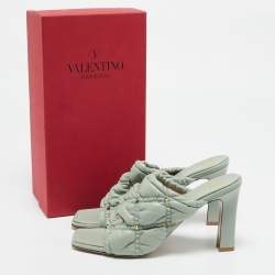 Valentino Mint Green Quilted Leather Rockstud Open Toe Mules Size 39
