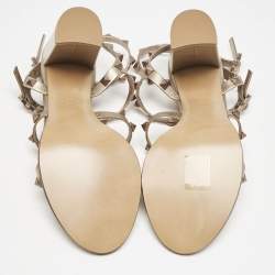Pre Owned Valentino Metallic Beige Leather Rockstud Ankle Strap Sandals Size 38